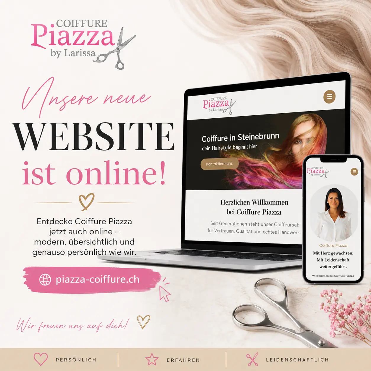 Flyer mit den wichtigsten Eindrücken für den Blogbeitrag zur neuen Homepage von Coiffure Piazza in Steinebrunn